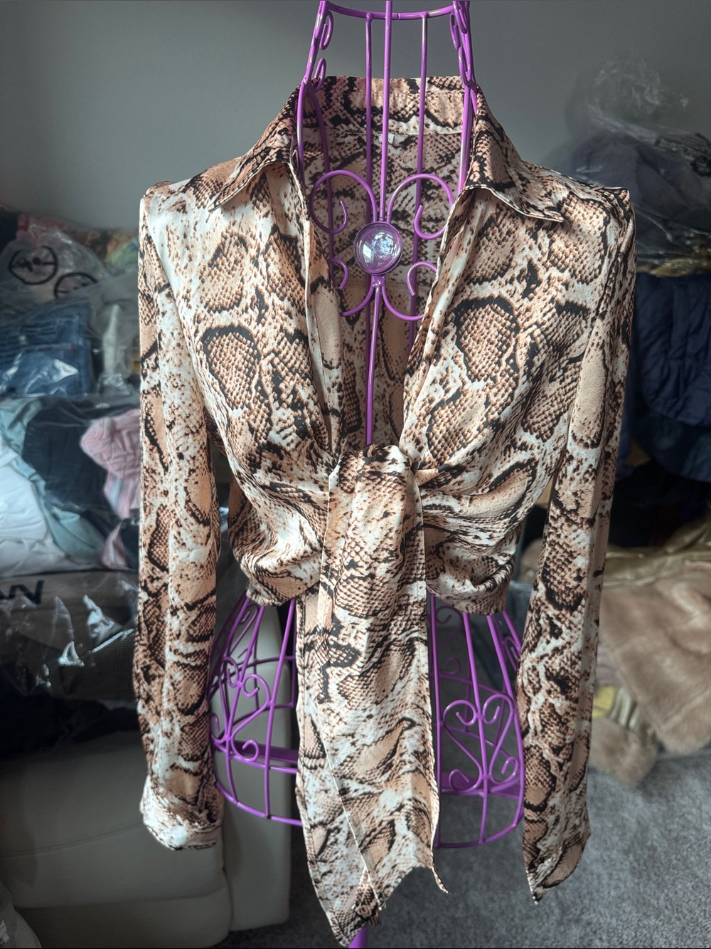 Shein Snake-Print Tie-Front Button-Down Blouse - Brown